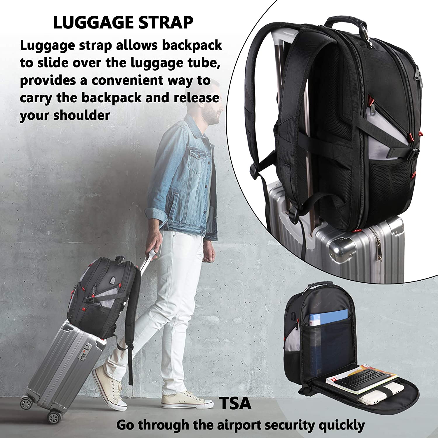 YOREPEK Travel Backpack, Extra Large 50L Laptop Backpacks for Men Women, Water Resistant College School Bookbag Airline Approved Business Work Bag with USB Charging Port Fits 17 Inch Computer, Black - Image 6